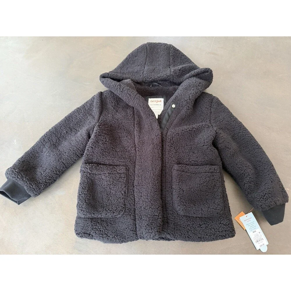 Girls' Faux Shearling Jacket Cat & Jack Black size M jacket coat hooded cozy top